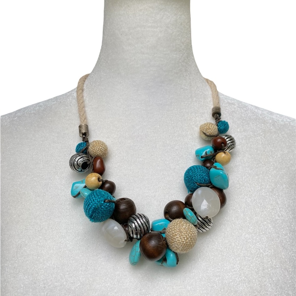 Wood & Turquoise Chunky Bead Multi Media Necklace